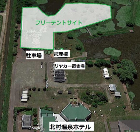 北村中央公園ふれあい広場キャンプ場のサイトマップ