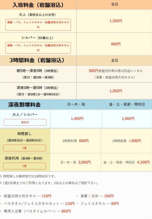 こみちの湯ほのかの料金表